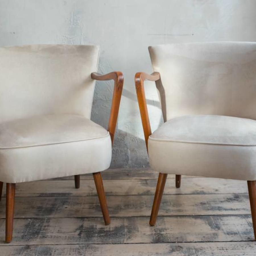 Pair of  German Mid century chairs reupholstered in faux suede chairs 
