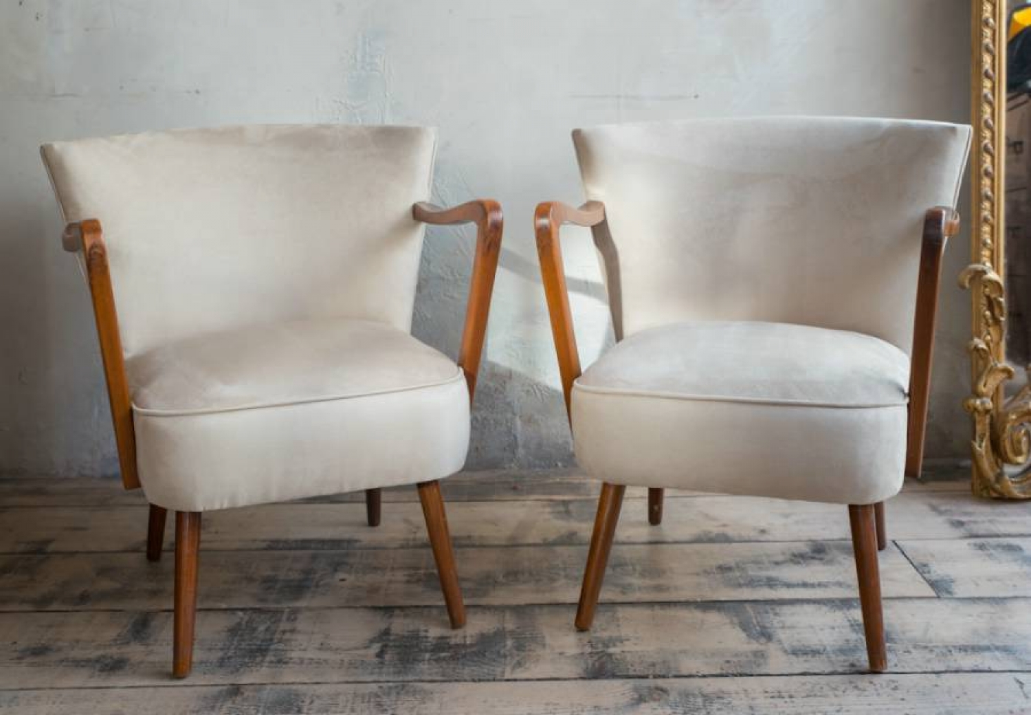 Pair of  German Mid century chairs reupholstered in faux suede chairs 