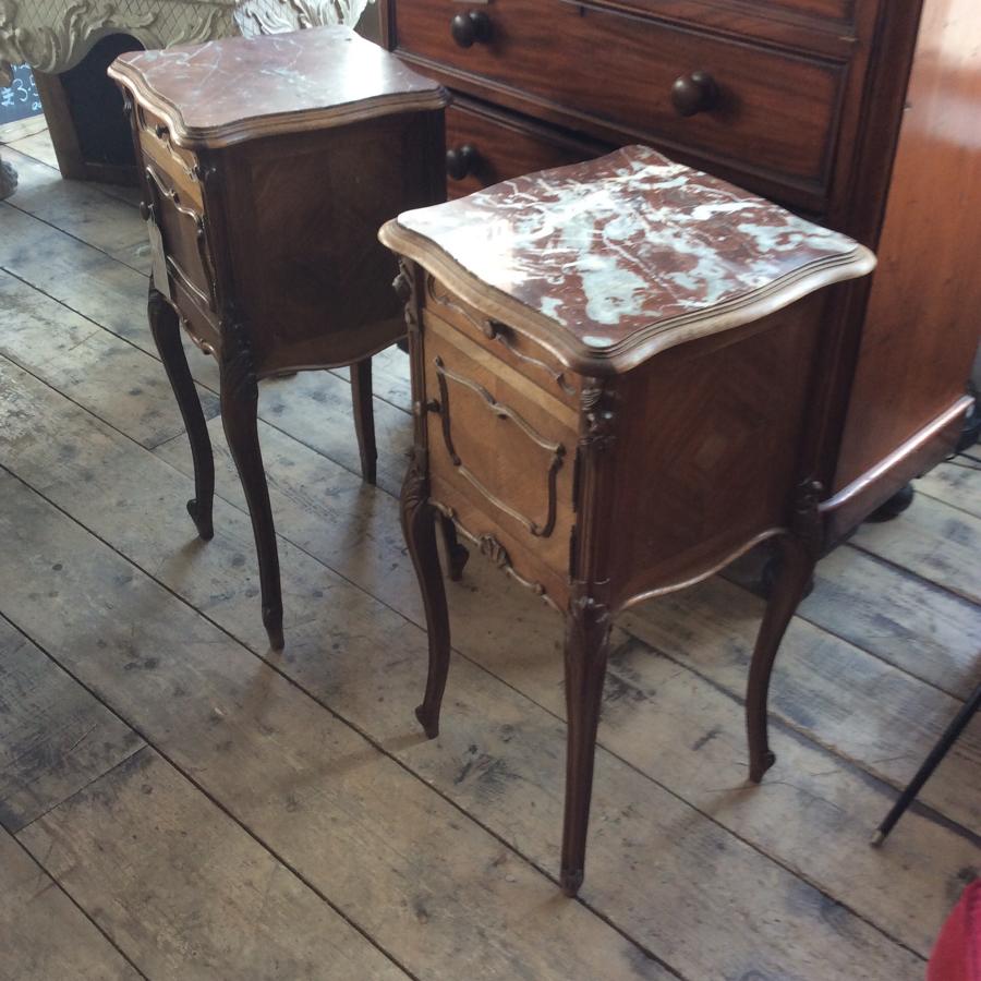 Pair of French marble top bedside cabinets