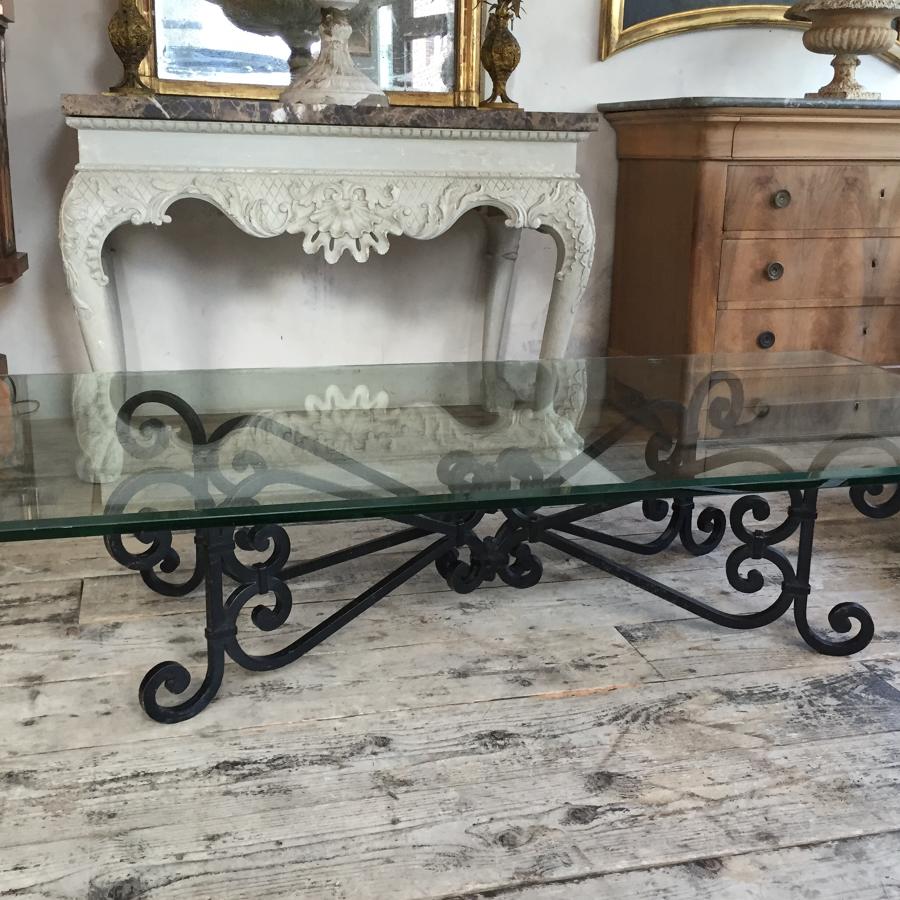 Large 1940s Glass & Iron Coffee Table