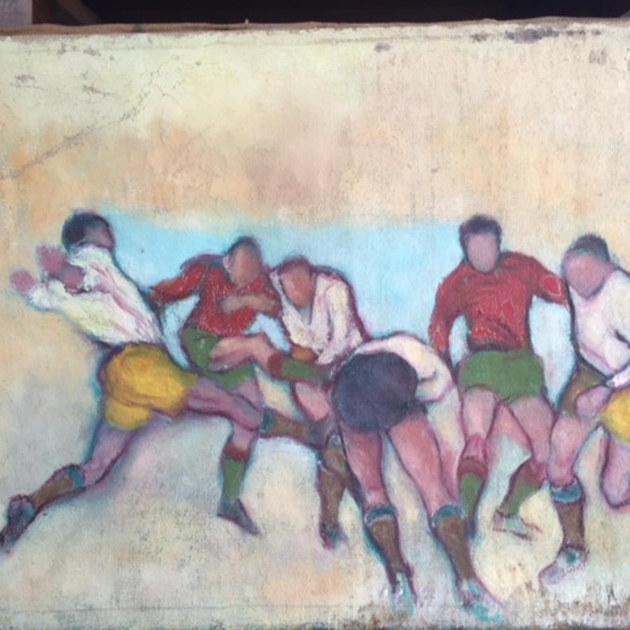 1950's Oil On Canvas Soccer Match