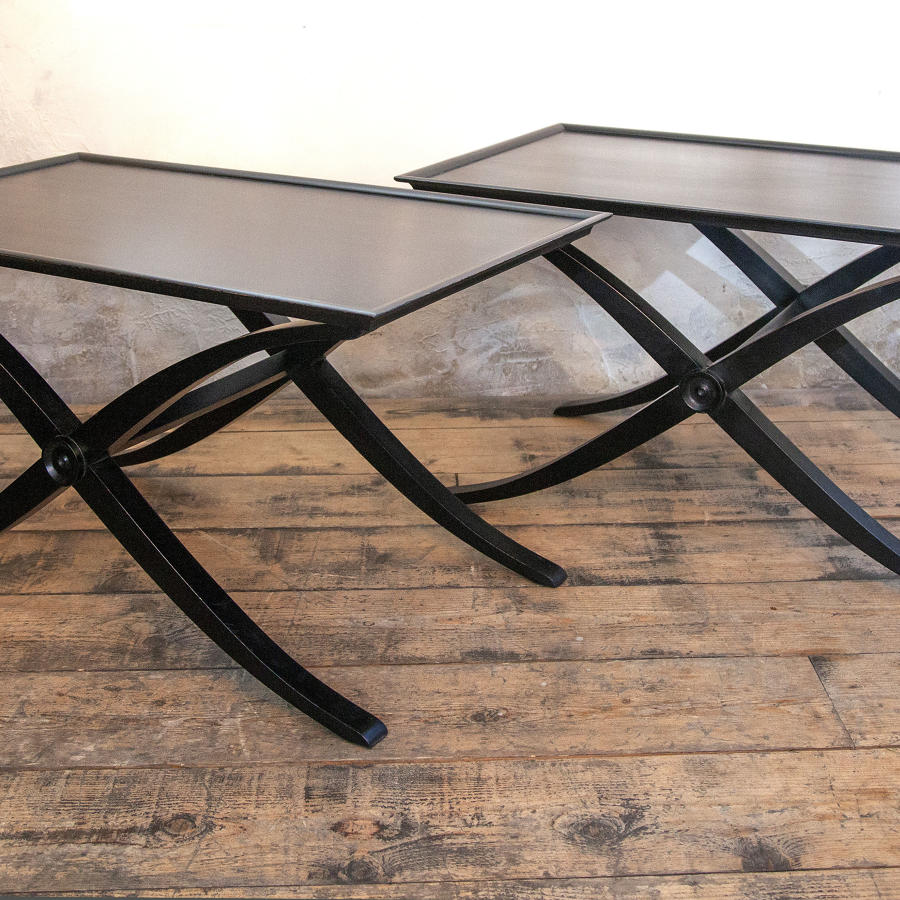 A pair of Ebonised Regency style X frame Side tables