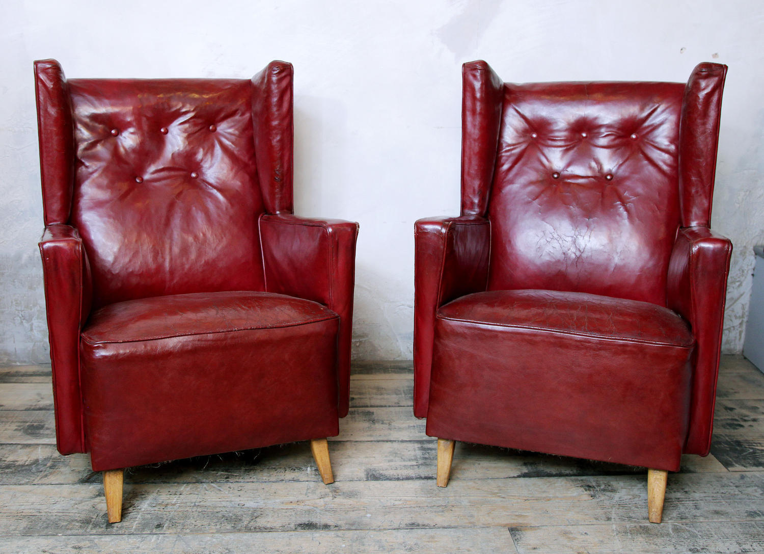Pair of French 1950's Mid Century Red Leather Armchairs