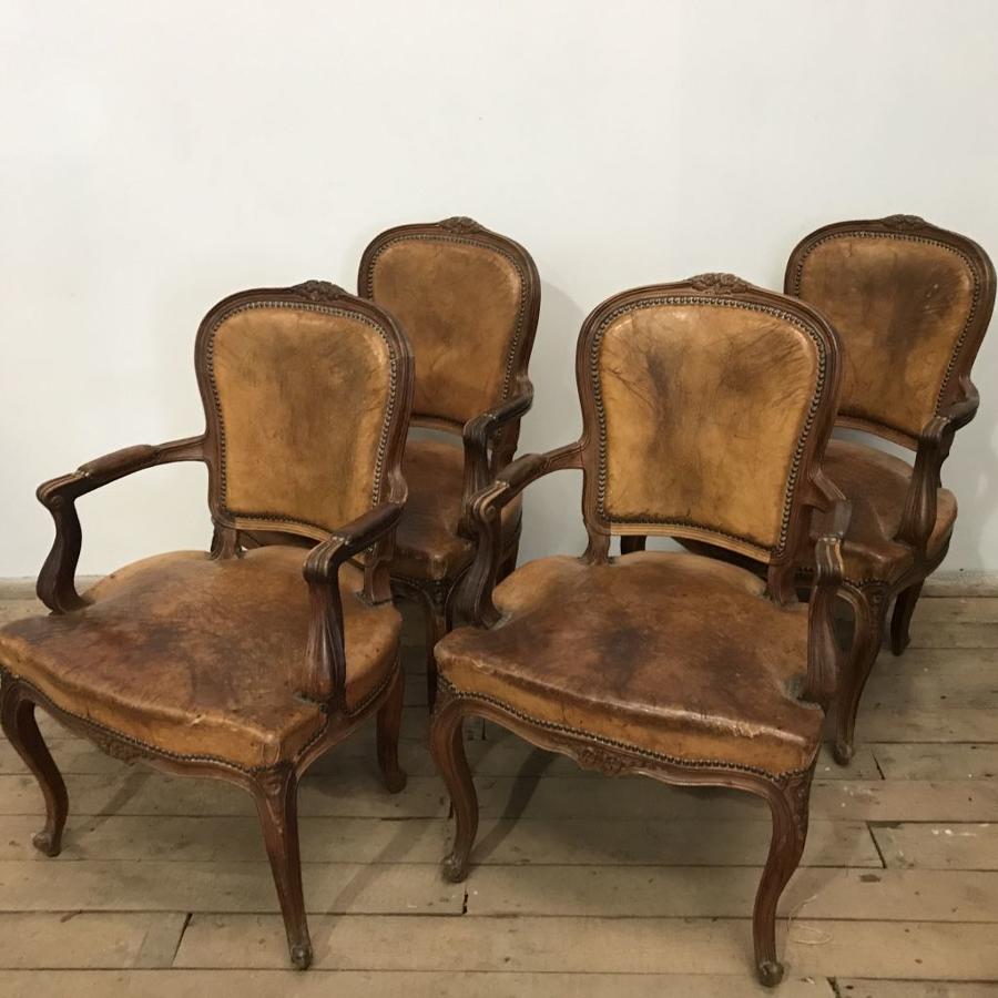 Set Of Four 19th C Spanish Olivewood Fauteuils Upholstered In Chestnut
